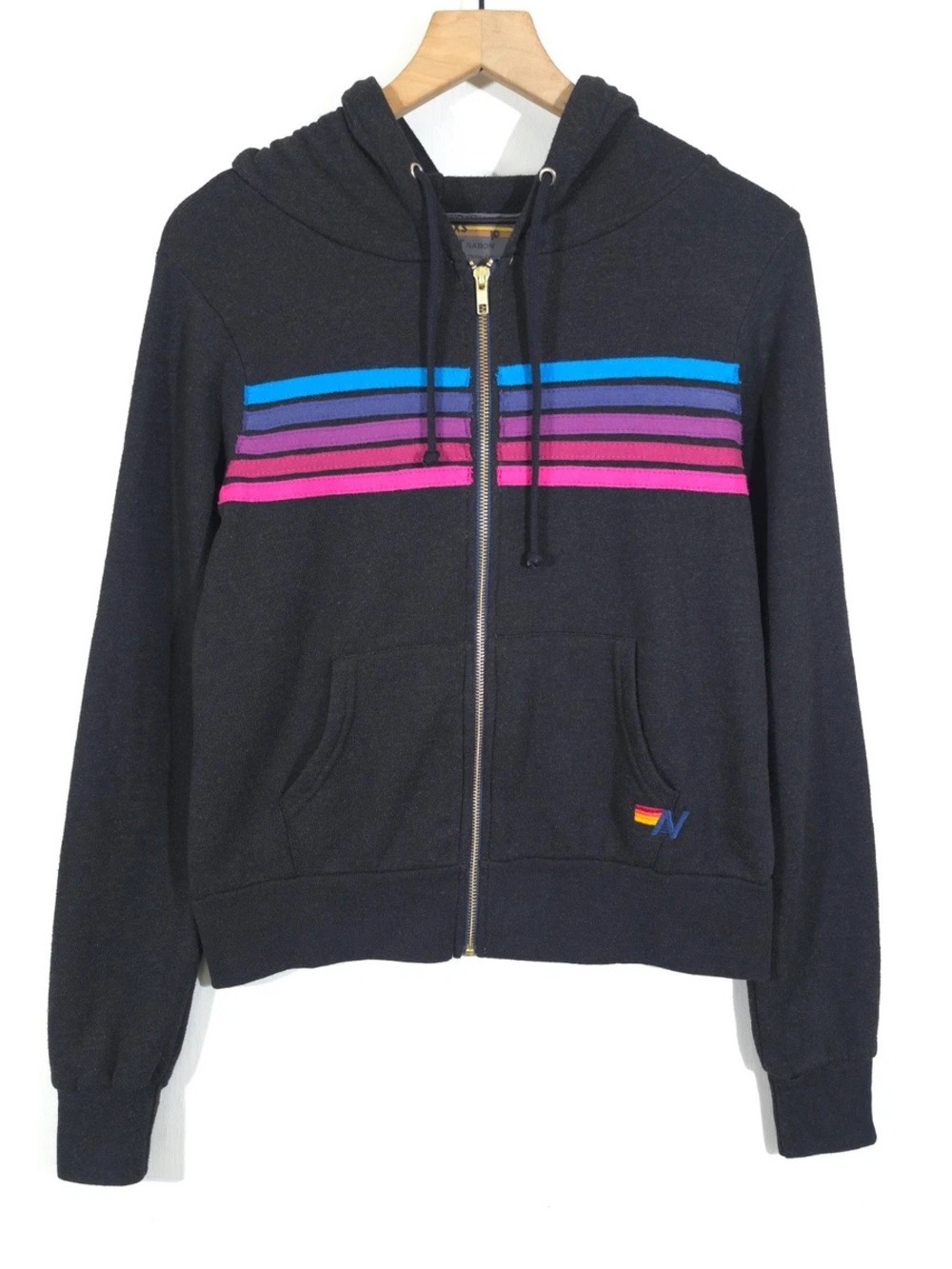 Aviator Nation Black Zip Hoodie with Blue & Pink Ombre Stripes UNISEX